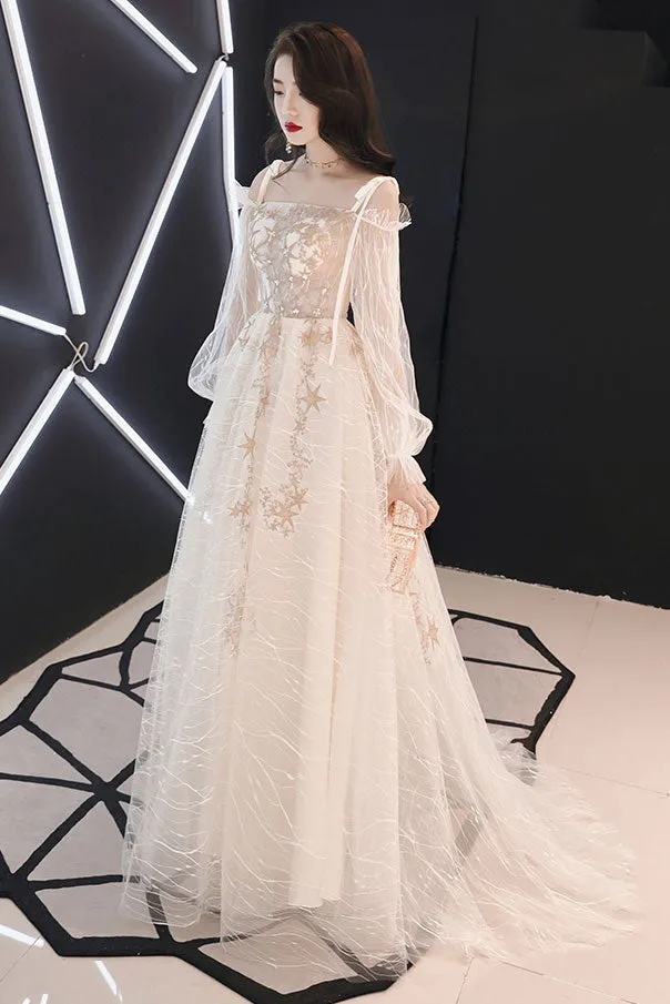 Champagne tulle lace long prom dress, champagne lace evening dress