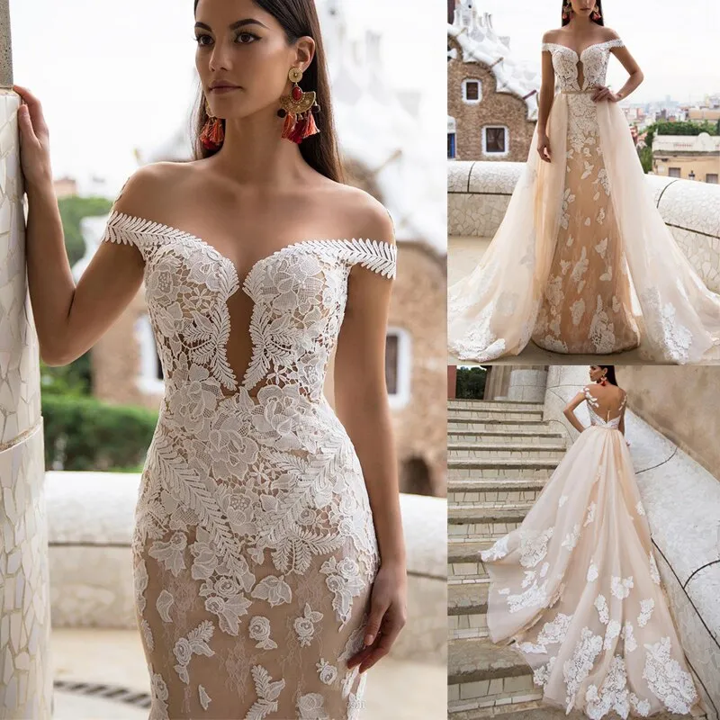 Champagne Tulle Lace Sheath Wedding Dress