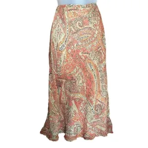 Charter Club Silk Flowy Boho Western Paisley Orange Netral Midi Summer Skirt
