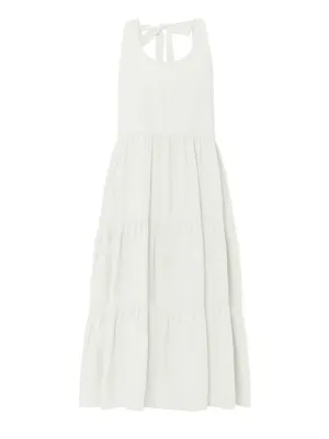 Chloe Bamboo Poplin Open Back Midi Ruffle Dress - Natural