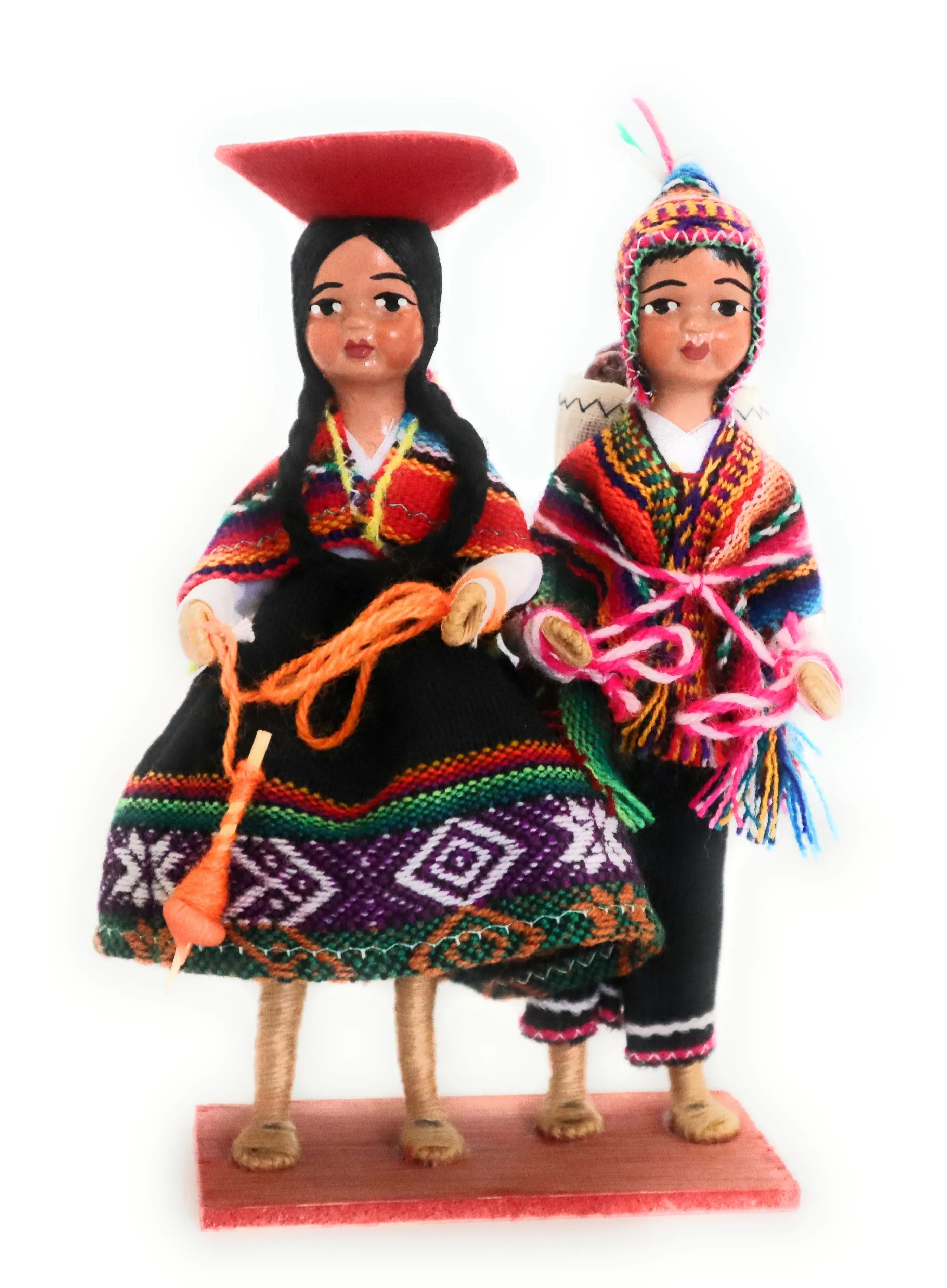 Cholitos Figurines Dolls Peruvian Folk Customs Yarn Spinning, Purple Potatoes Harvesting 6.5" Tall
