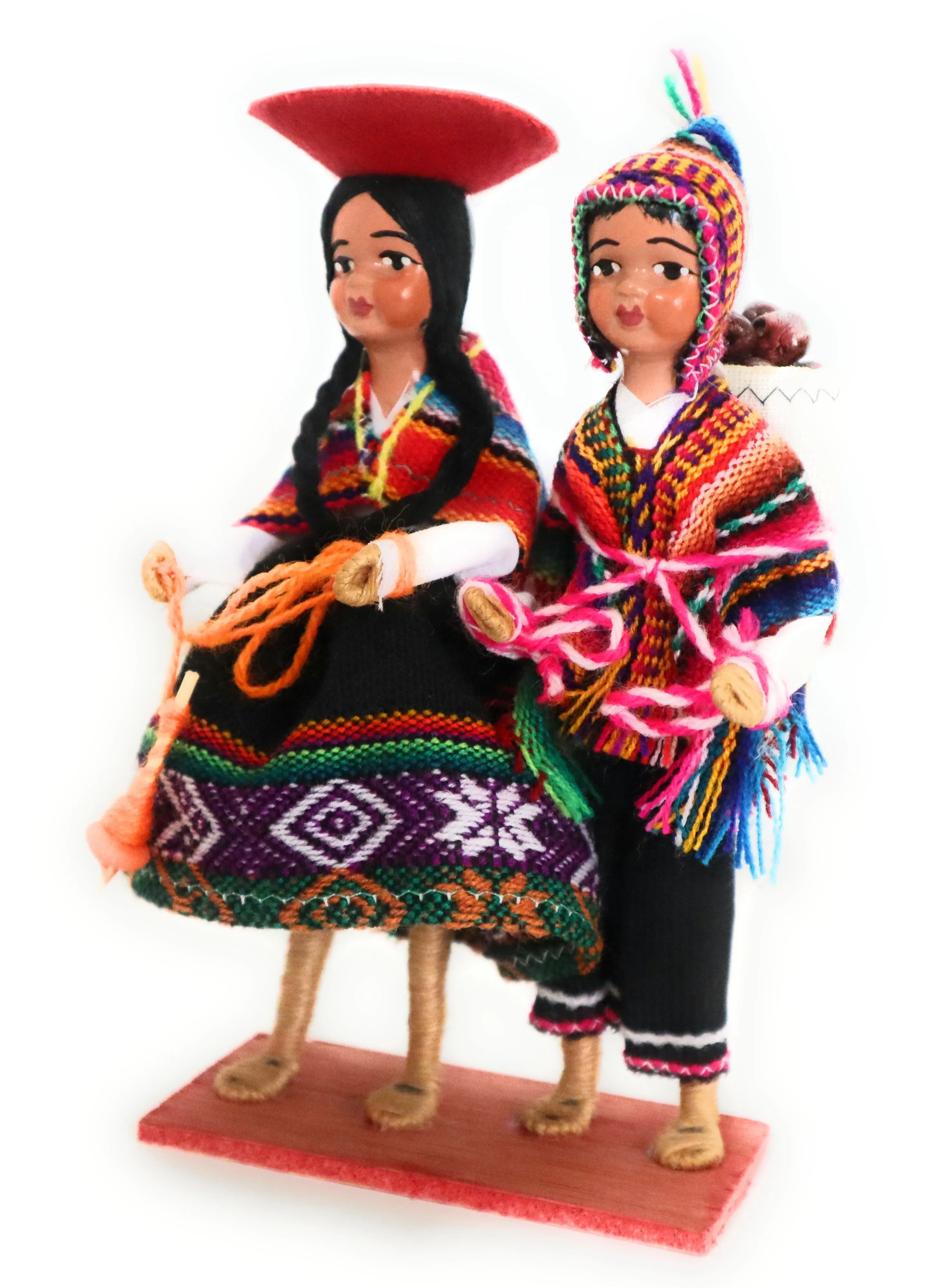Cholitos Figurines Dolls Peruvian Folk Customs Yarn Spinning, Purple Potatoes Harvesting 6.5" Tall