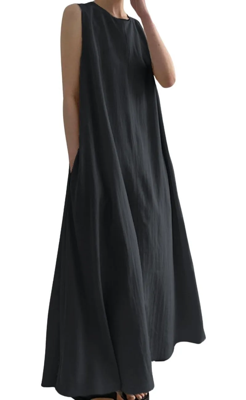 Chouyatou Women Casual Cotton Linen Sleeveless Maxi Dress Ruffle Shift Dress Flowy Beach Summer Long Tank Dress