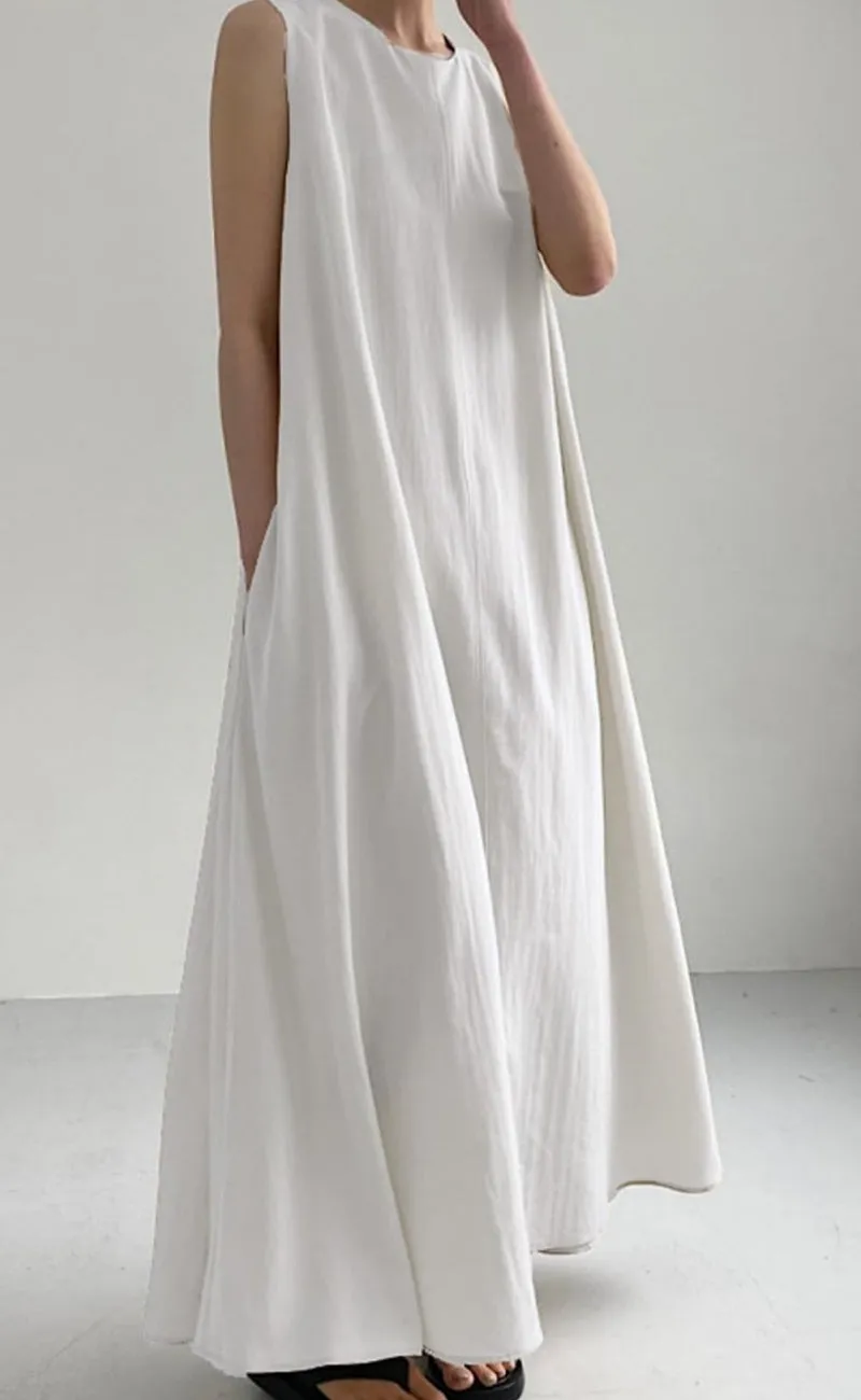 Chouyatou Women Casual Cotton Linen Sleeveless Maxi Dress Ruffle Shift Dress Flowy Beach Summer Long Tank Dress