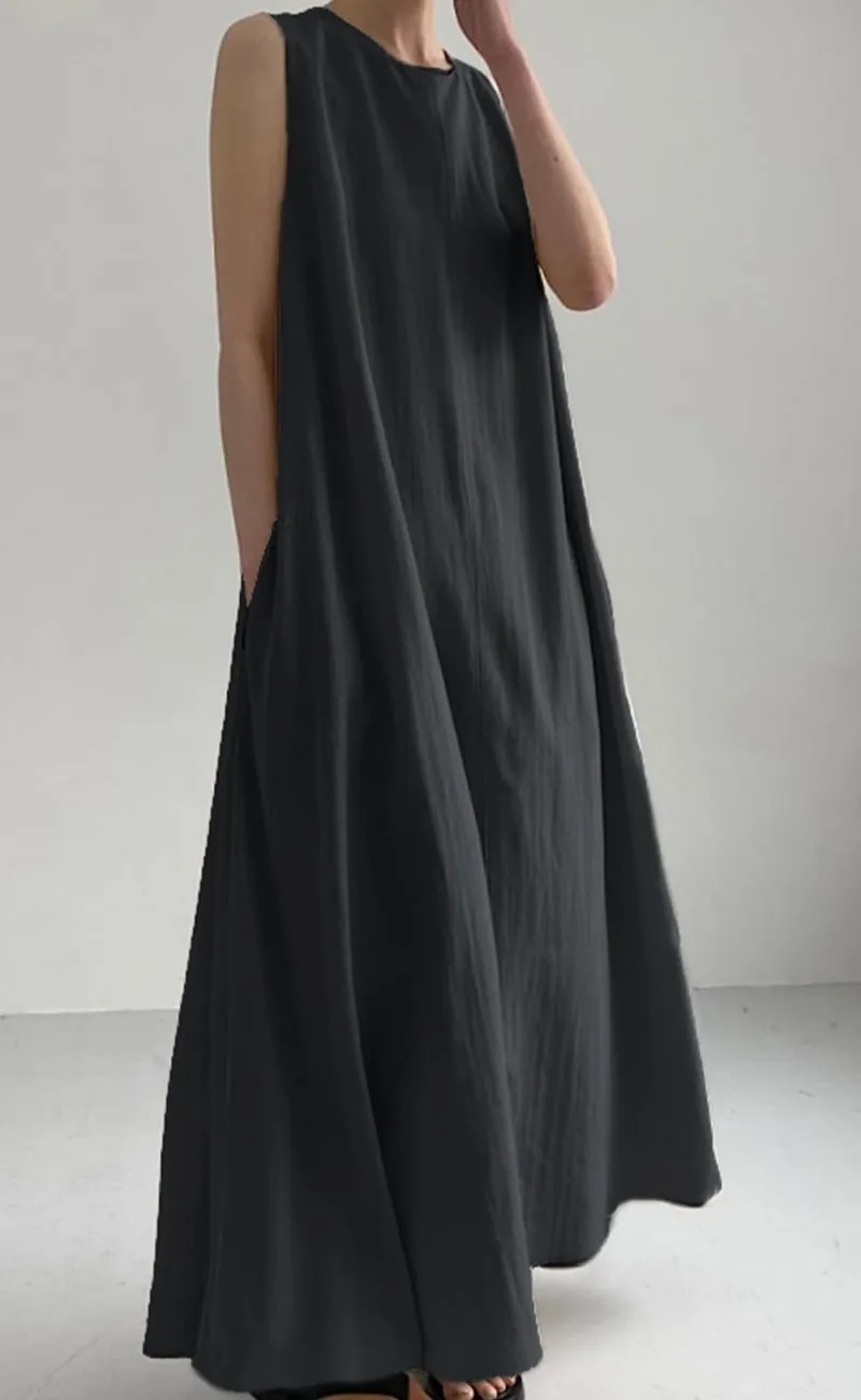 Chouyatou Women Casual Cotton Linen Sleeveless Maxi Dress Ruffle Shift Dress Flowy Beach Summer Long Tank Dress