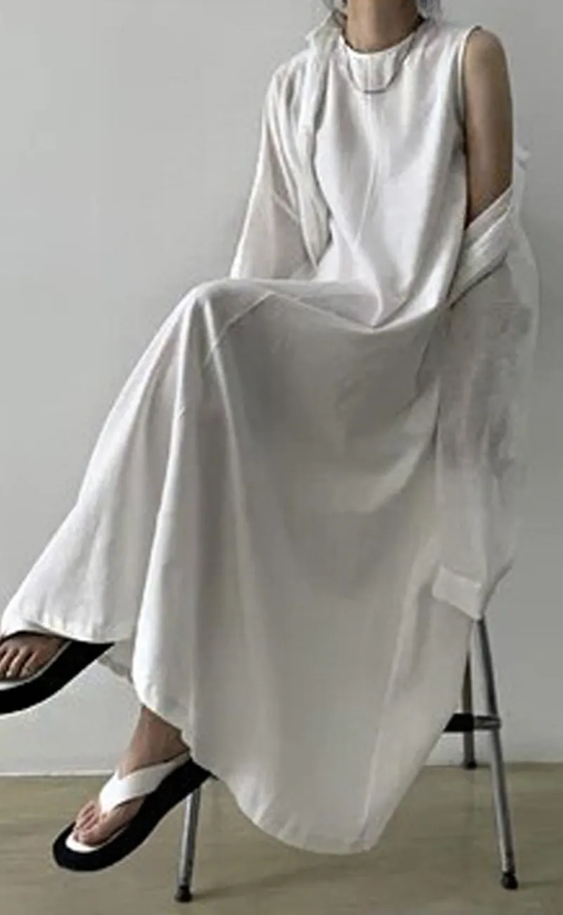Chouyatou Women Casual Cotton Linen Sleeveless Maxi Dress Ruffle Shift Dress Flowy Beach Summer Long Tank Dress