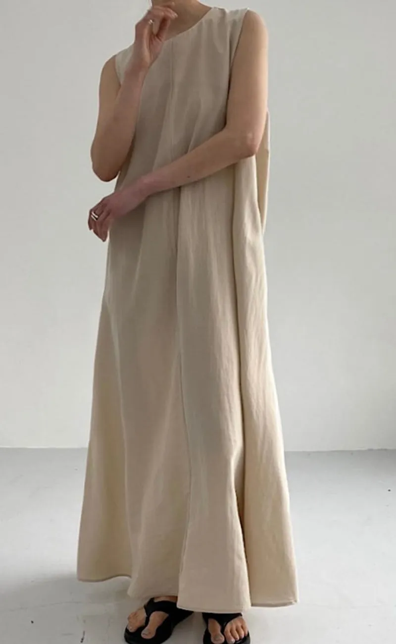 Chouyatou Women Casual Cotton Linen Sleeveless Maxi Dress Ruffle Shift Dress Flowy Beach Summer Long Tank Dress