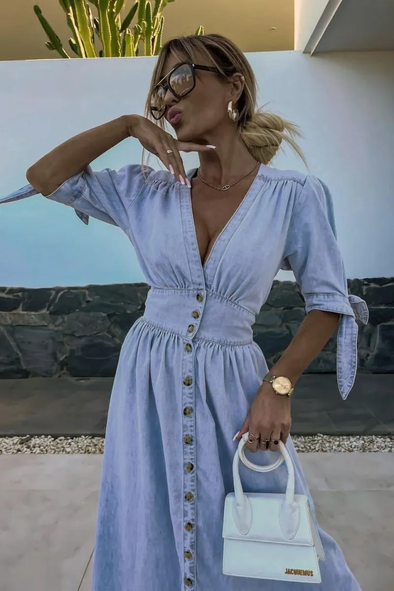 Chouyatou Womens Casual Button Down Maxi Denim Dress V-Neck Tie Half Sleeve Long Denim Dresses for Women 2025