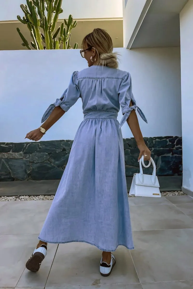 Chouyatou Womens Casual Button Down Maxi Denim Dress V-Neck Tie Half Sleeve Long Denim Dresses for Women 2025