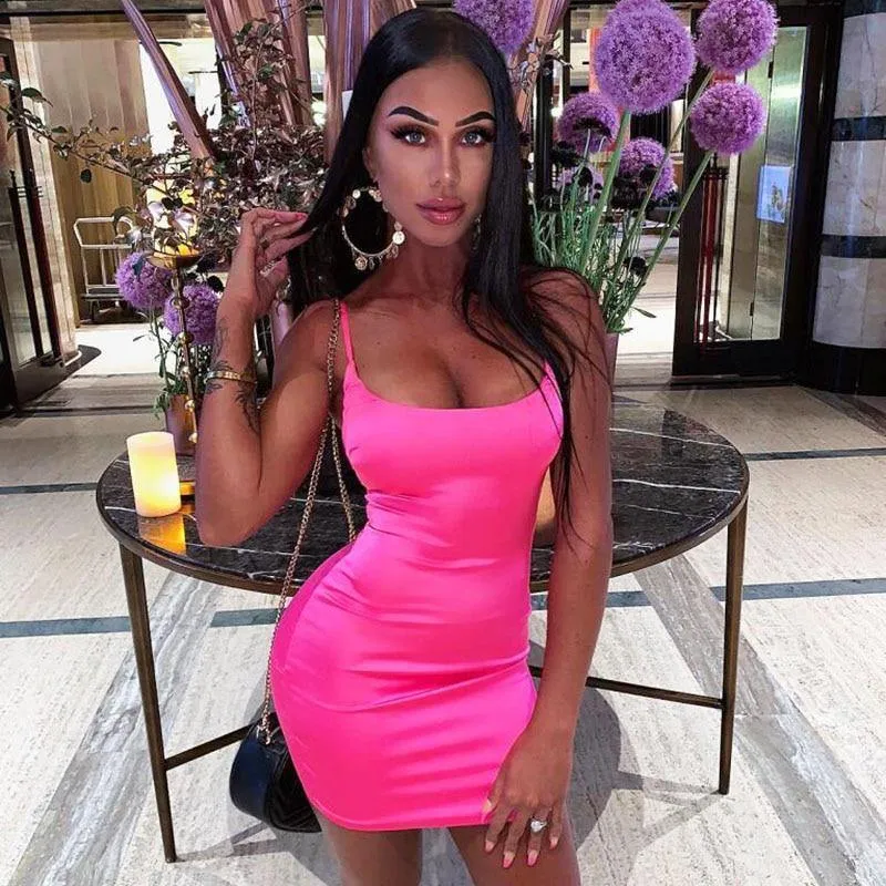 Colysmo 2 Layers Satin Mini Dress Bodycon Club Dress Low Cut