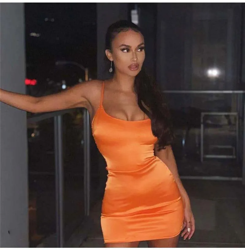 Colysmo 2 Layers Satin Mini Dress Bodycon Club Dress Low Cut