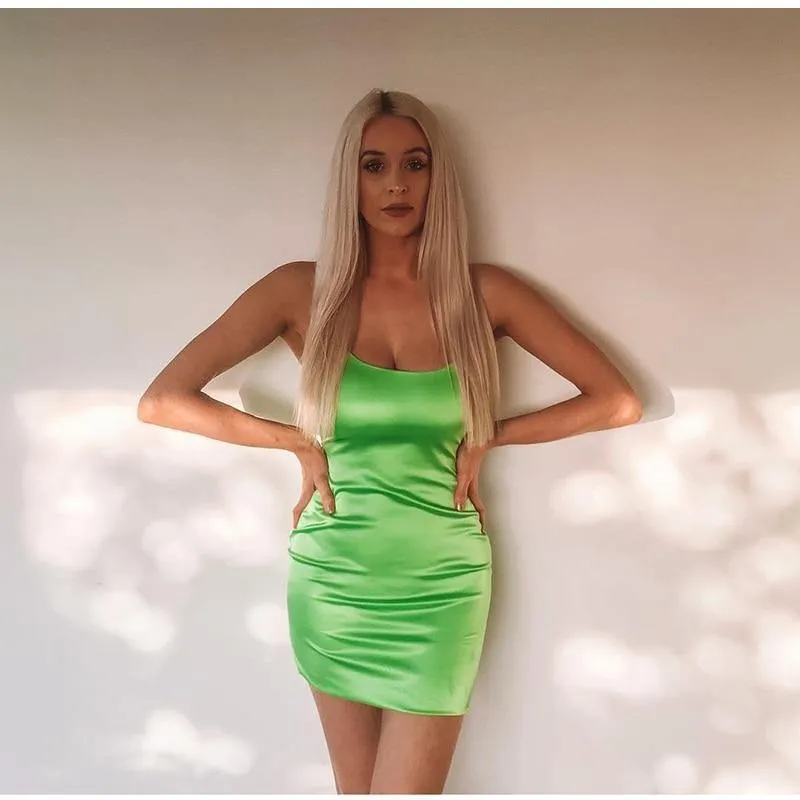 Colysmo 2 Layers Satin Mini Dress Bodycon Club Dress Low Cut