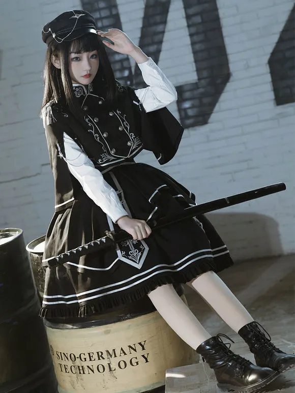 Costumes Military Uniform Lolita Army Checkerboard Pattern Crochet Black