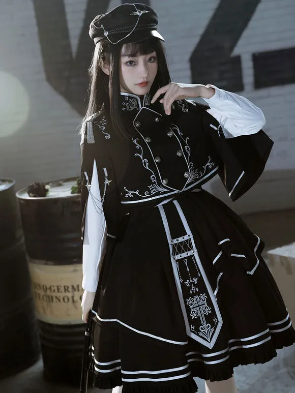 Costumes Military Uniform Lolita Army Checkerboard Pattern Crochet Black