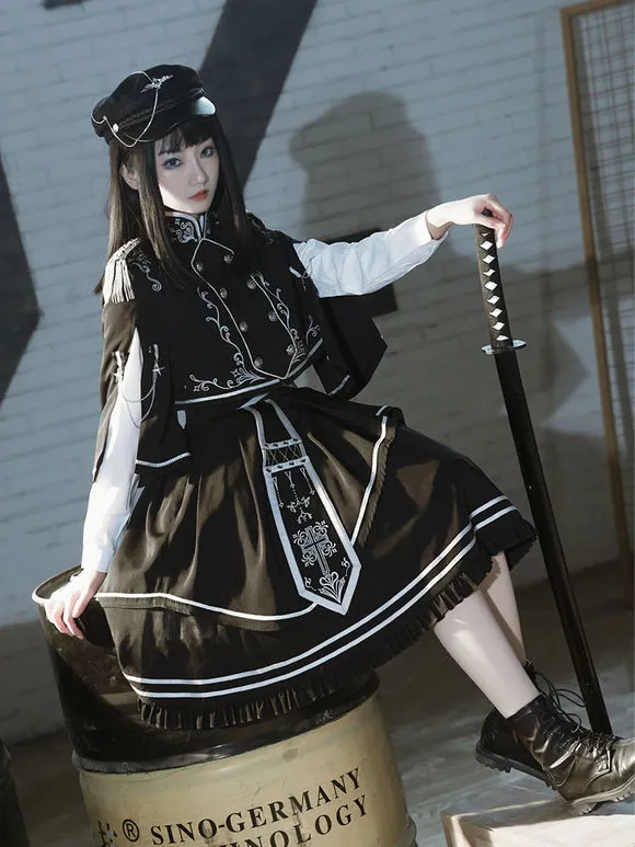 Costumes Military Uniform Lolita Army Checkerboard Pattern Crochet Black