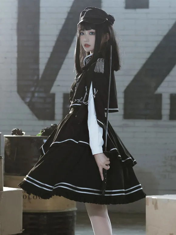 Costumes Military Uniform Lolita Army Checkerboard Pattern Crochet Black