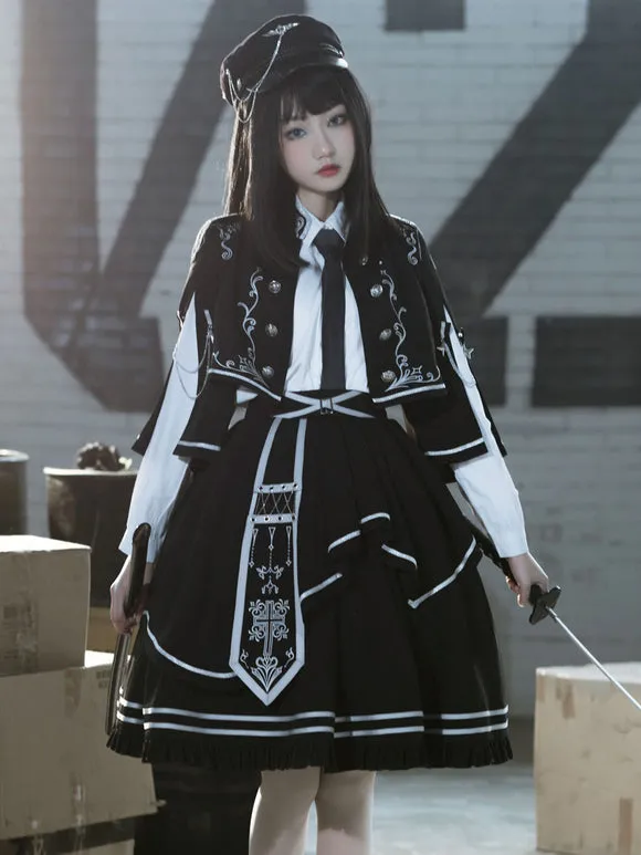 Costumes Military Uniform Lolita Army Checkerboard Pattern Crochet Black
