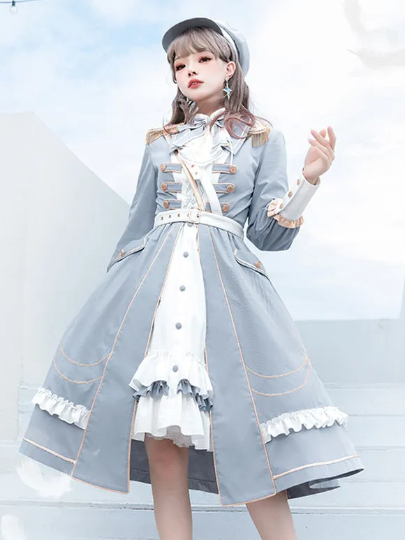 Costumes Military Uniform Lolita Army Metallic Ruffles Chains Baby Blue Baby Blue