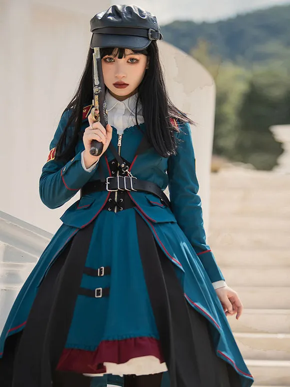 Costumes Military Uniform Lolita Army Ruffles Grommets Cyan Cyan