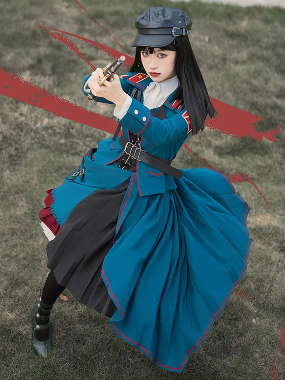 Costumes Military Uniform Lolita Army Ruffles Grommets Cyan Cyan