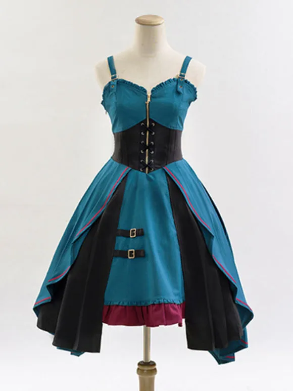 Costumes Military Uniform Lolita Army Ruffles Grommets Cyan Cyan