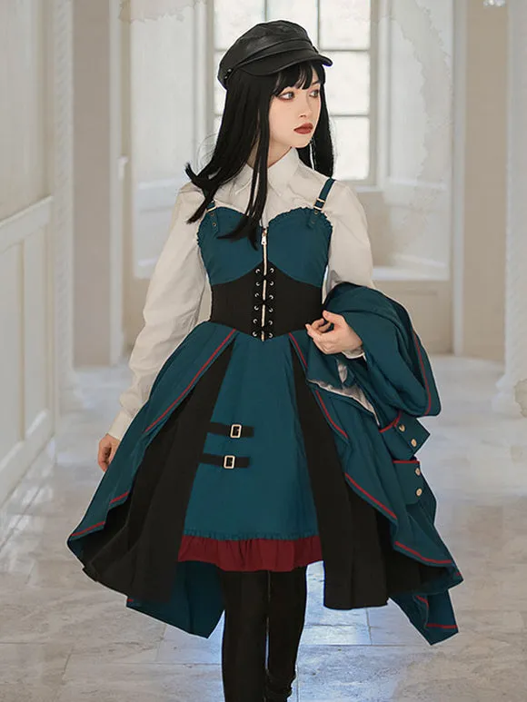 Costumes Military Uniform Lolita Army Ruffles Grommets Cyan Cyan