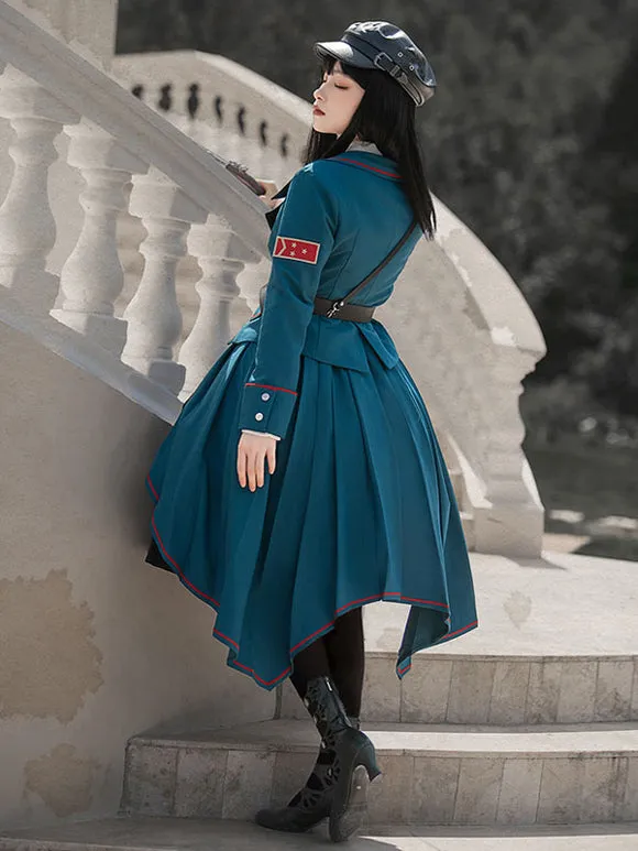 Costumes Military Uniform Lolita Army Ruffles Grommets Cyan Cyan