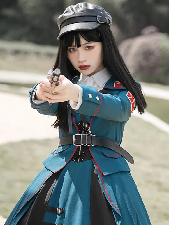 Costumes Military Uniform Lolita Army Ruffles Grommets Cyan Cyan