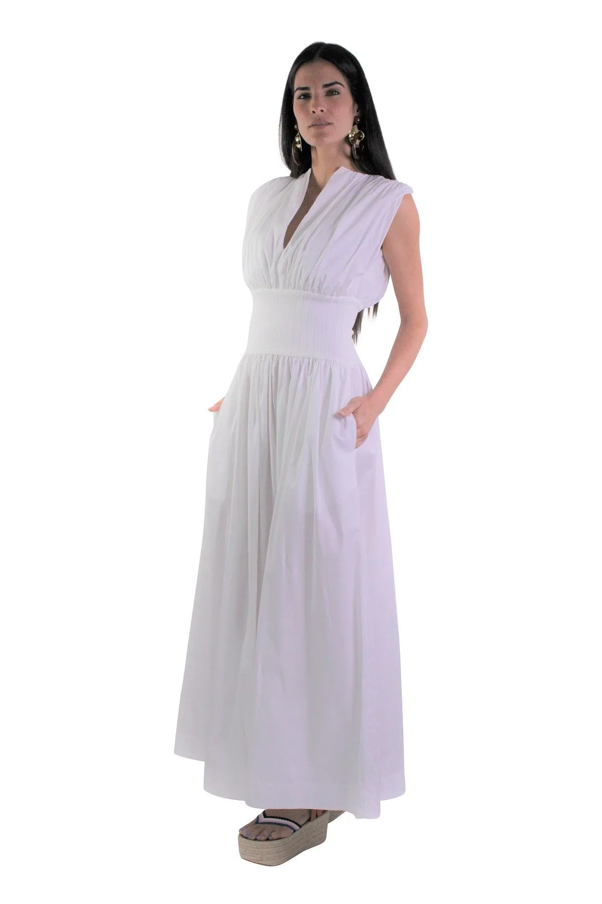 Cotton Rib Gathered Dress in Ivory