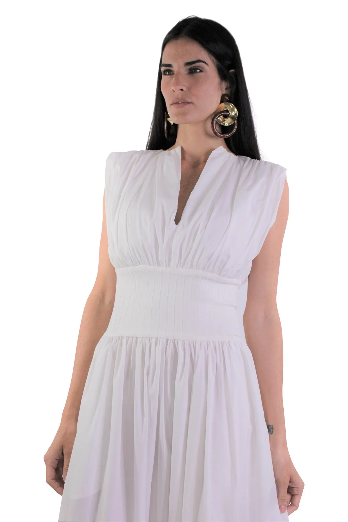 Cotton Rib Gathered Dress in Ivory