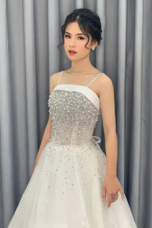 Cute tulle beads long prom dress, tulle evening dress