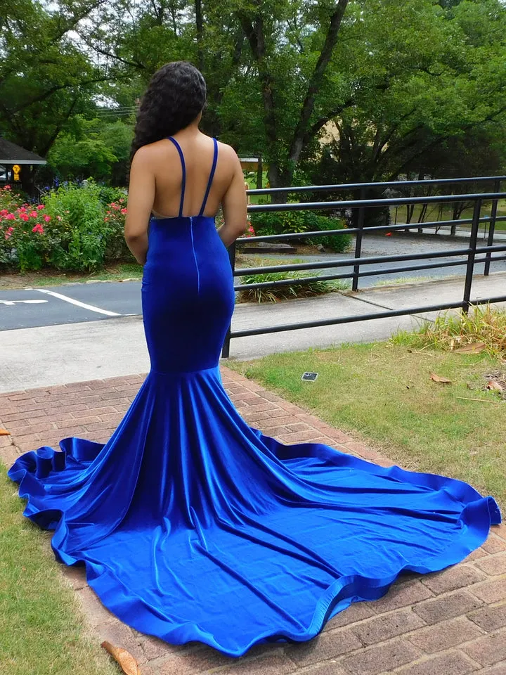 Deep V-neck Royal Blue SPAGHETTI STRAPS Mermaid Flowers Prom Dresses