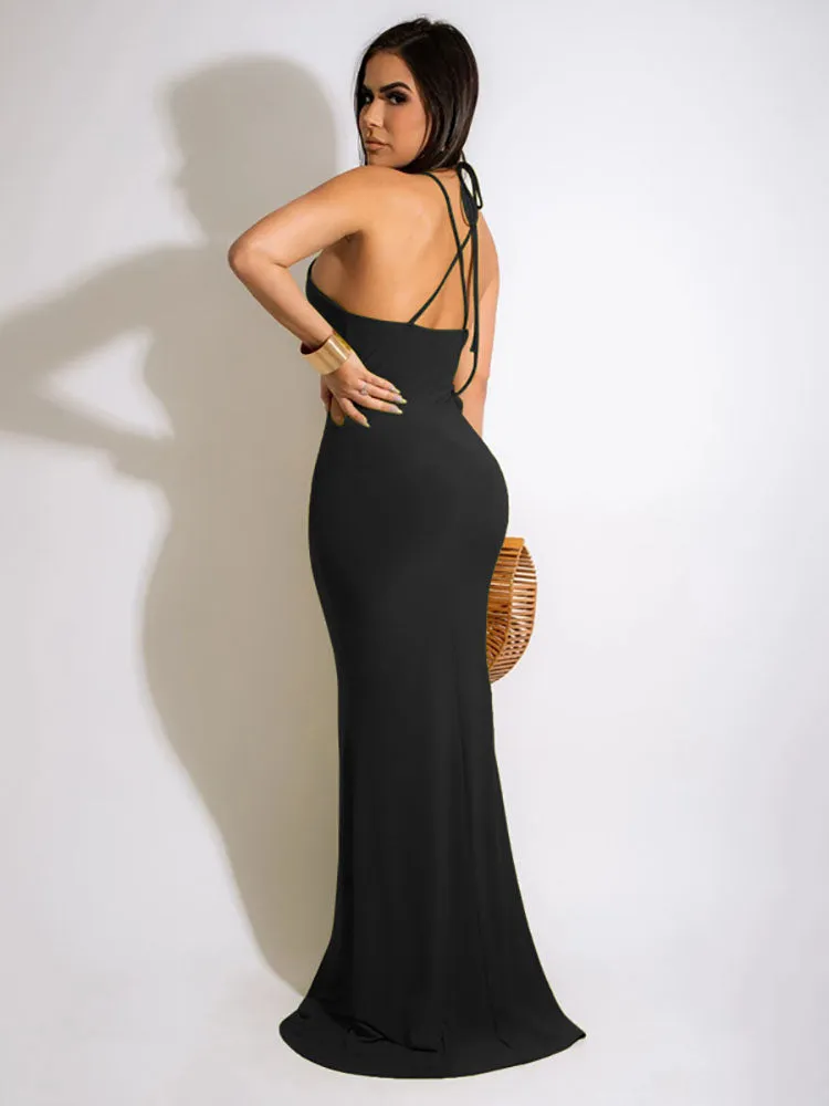 Deep V Neck Tie Backless Bodycon Dress