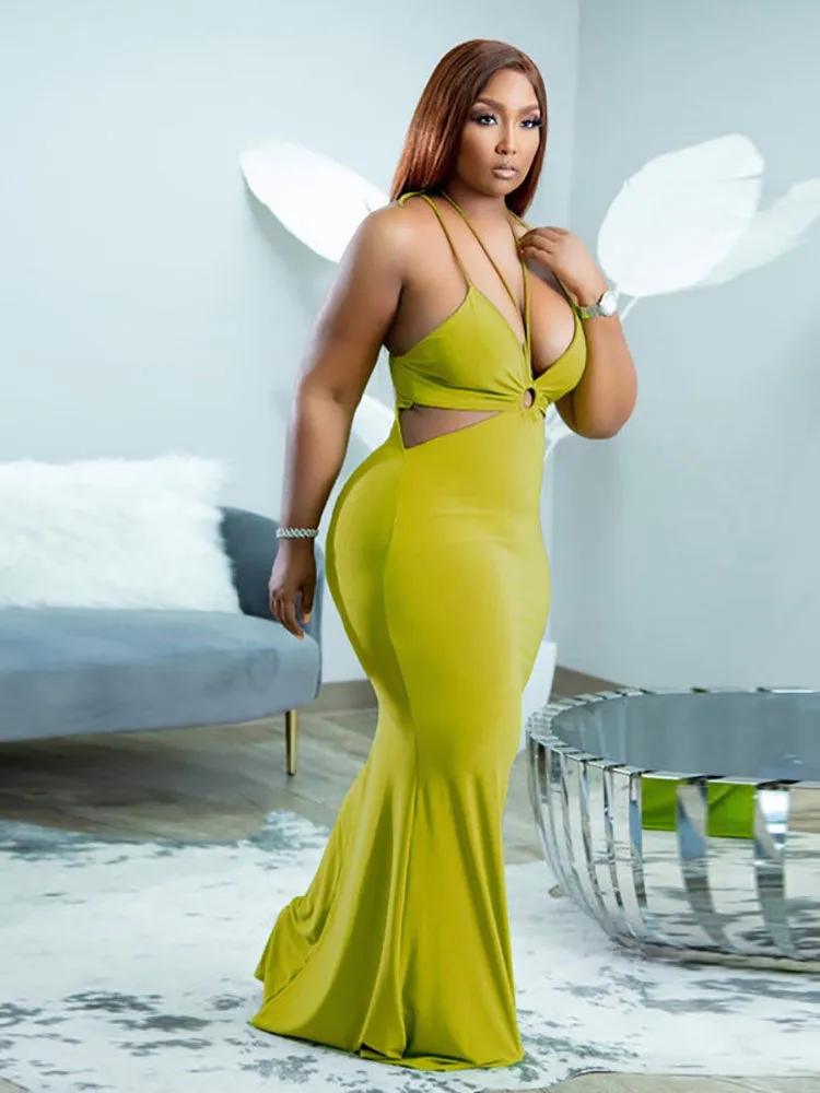 Deep V Neck Tie Backless Bodycon Dress