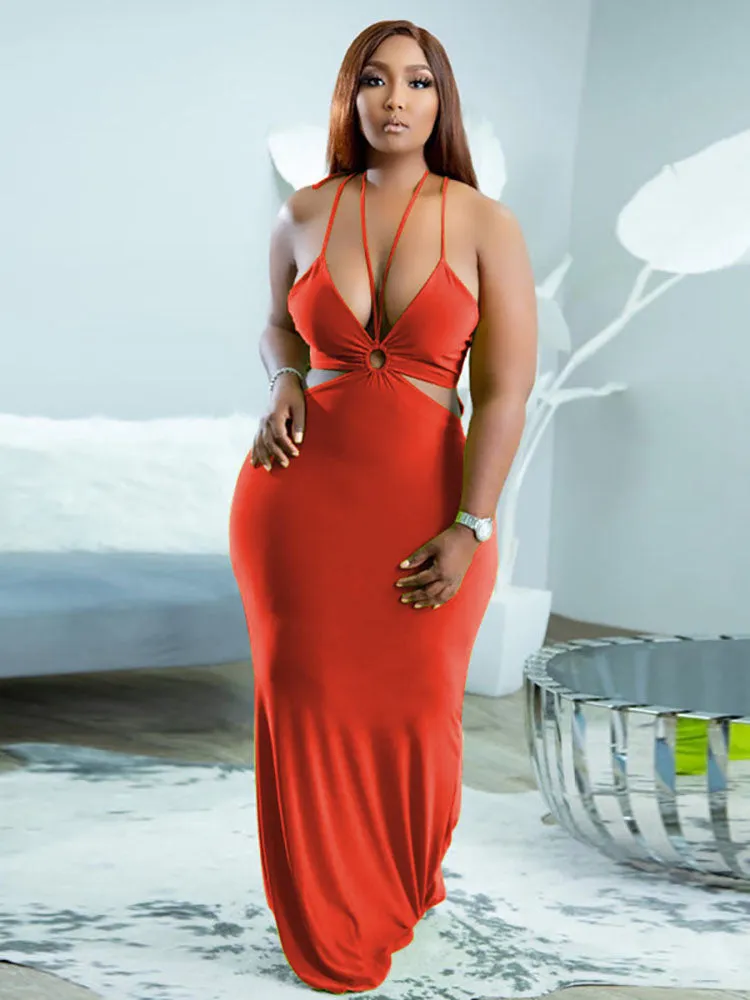 Deep V Neck Tie Backless Bodycon Dress