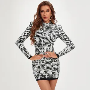 Dina Long Sleeve Bandage Dress with Monogram Jacquard