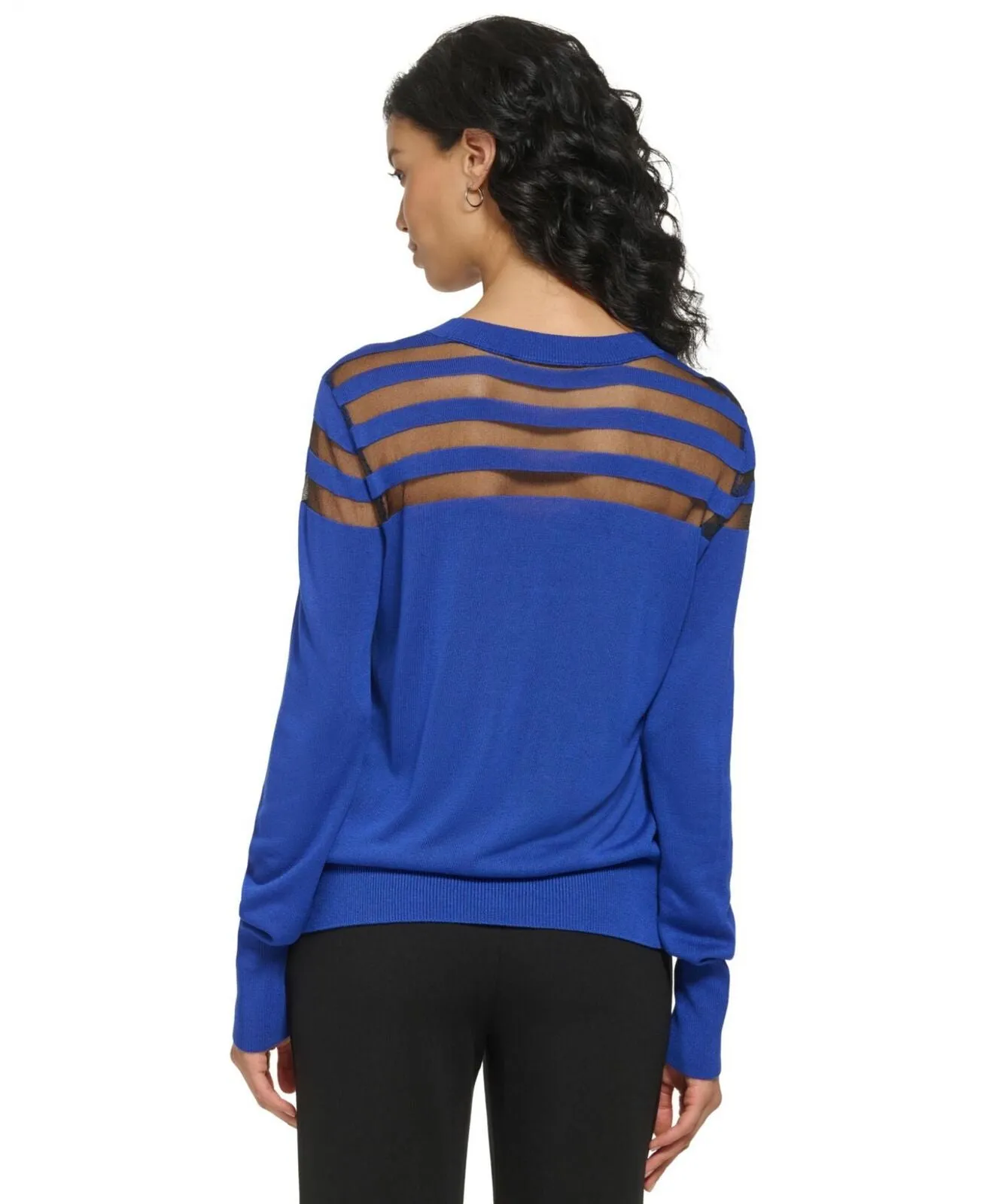 DKNY Women's Mesh Striped Yoke Crewneck Sweater P2JSCA70 Deep Cobalt Blue L