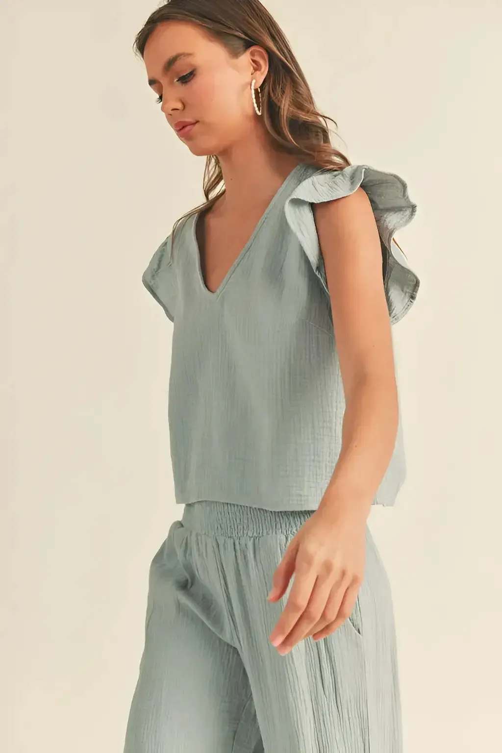 DOUBLE GAUZE RUFFLED SLEEVE TOP