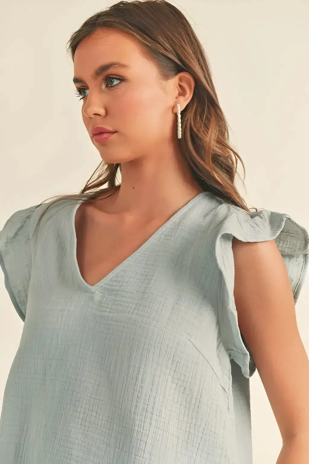 DOUBLE GAUZE RUFFLED SLEEVE TOP