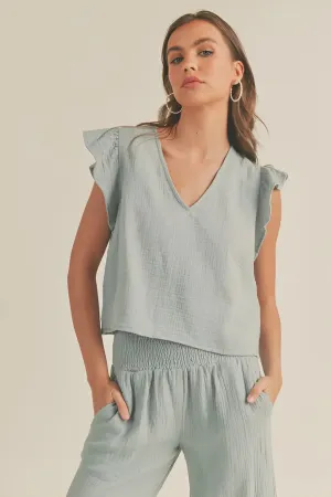 DOUBLE GAUZE RUFFLED SLEEVE TOP