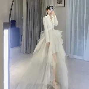 Dream Slimming Bridal Wedding Dress Tailored Long Sleeve w/High Front Long Skirt (White & Black)