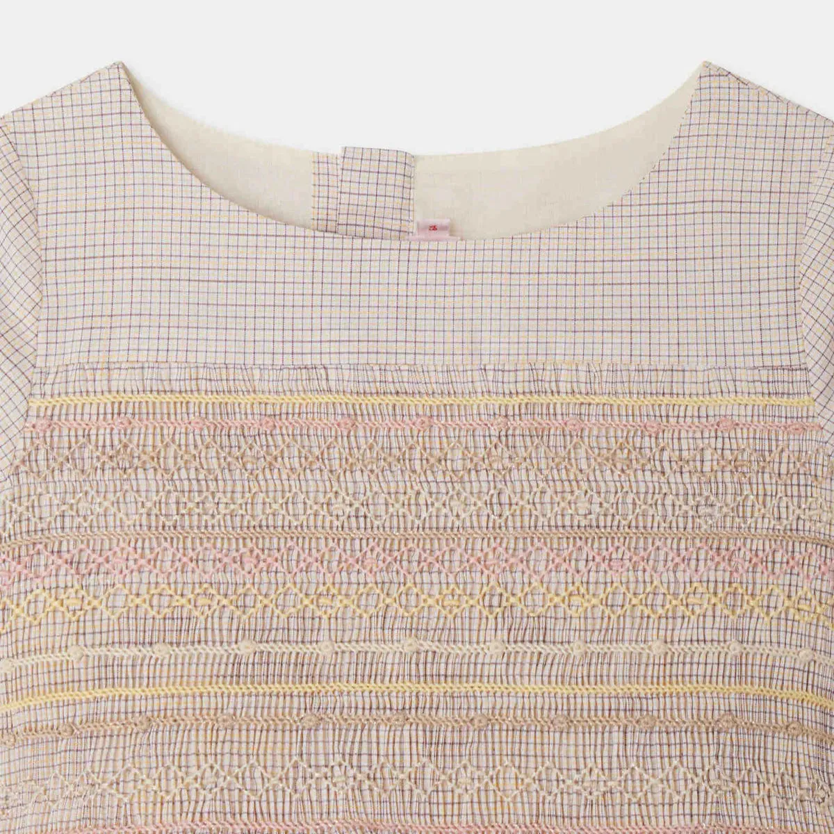 Duchesse smocked and embroidered dress in checked fabric