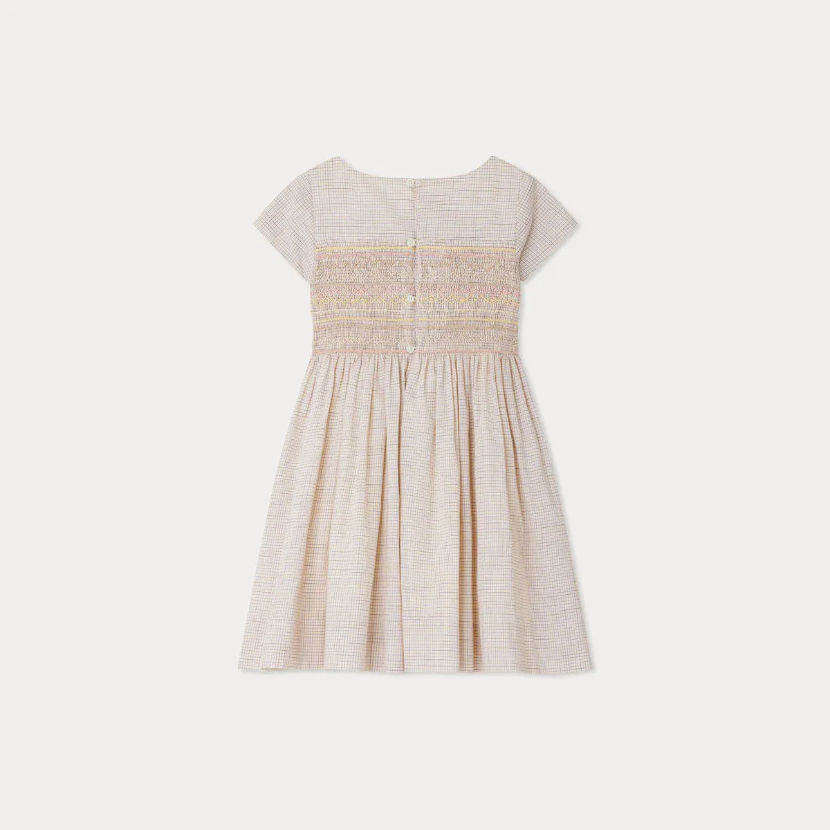 Duchesse smocked and embroidered dress in checked fabric