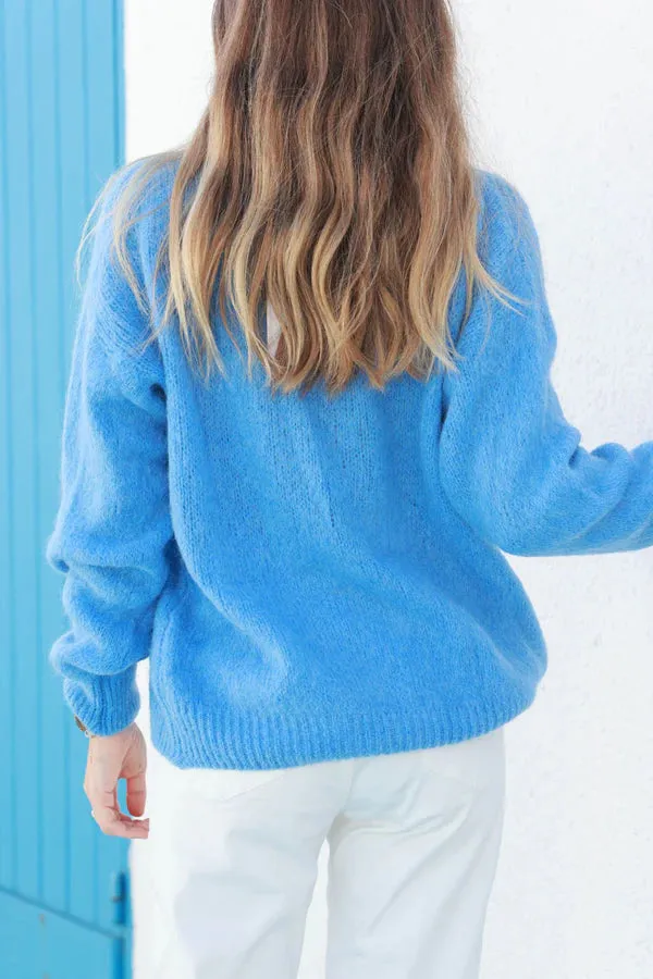 Dusty Blue Soft Knit Alpaca Wool Blend Cardigan