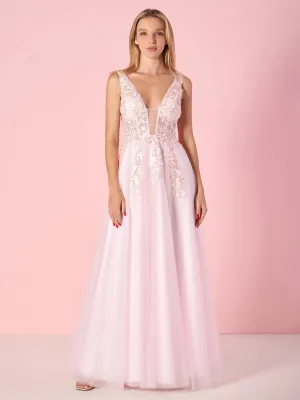 Elegant A-line V-Neck Tulle Floor-Length Prom Dress with Lace Appliques