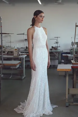 Elegant Boho Lace Halter Sheath Sleeveless Sweep Train Wedding Dress-715728
