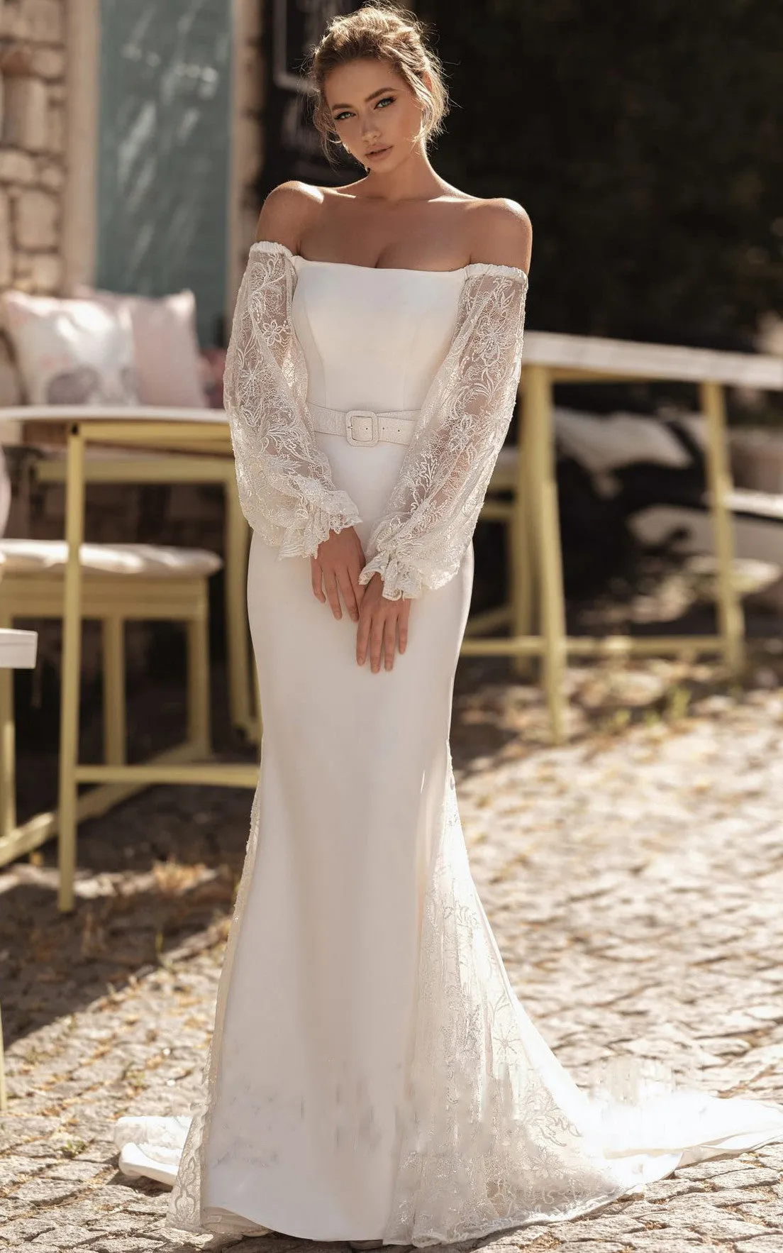 Elegant Off-the-shoulder Long Sleeve Sweep Train Floor-Length Mermaid Wedding Dress With Sash-716170