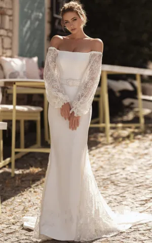 Elegant Off-the-shoulder Long Sleeve Sweep Train Floor-Length Mermaid Wedding Dress With Sash-716170