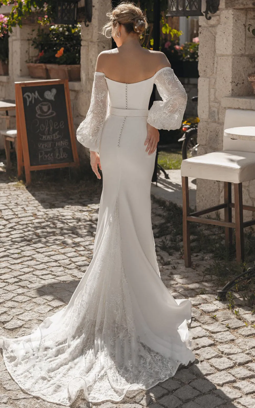 Elegant Off-the-shoulder Long Sleeve Sweep Train Floor-Length Mermaid Wedding Dress With Sash-716170