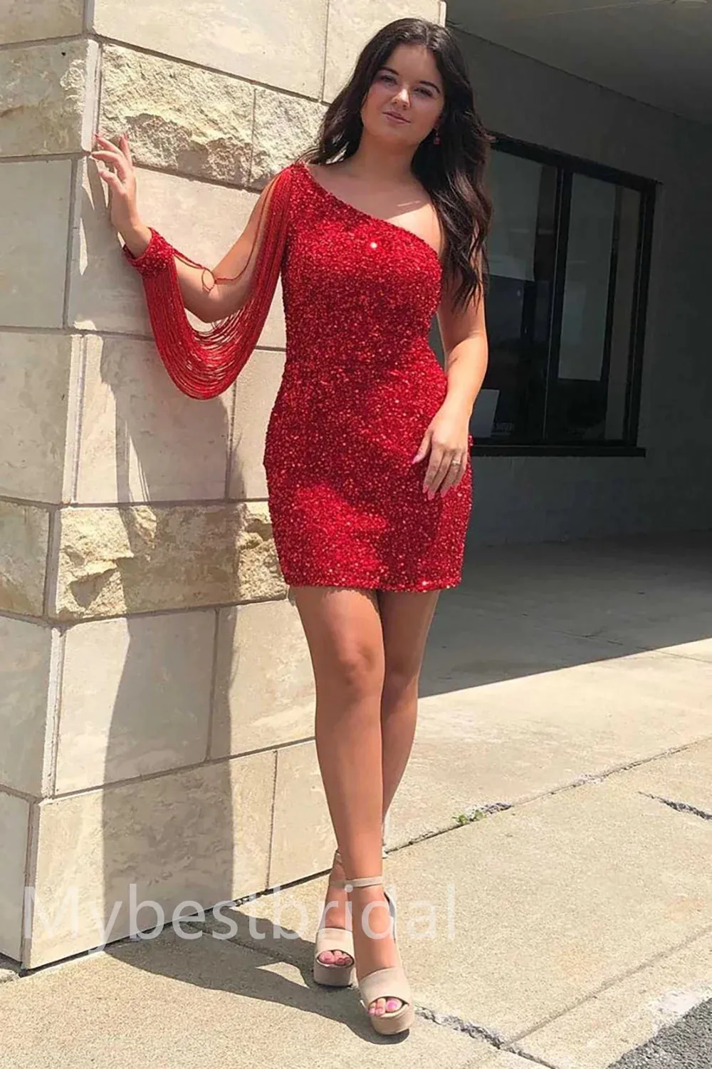 Elegant One shoulder Sleeveless Sheath Short Mini Homecoming Dress,  HDS0147